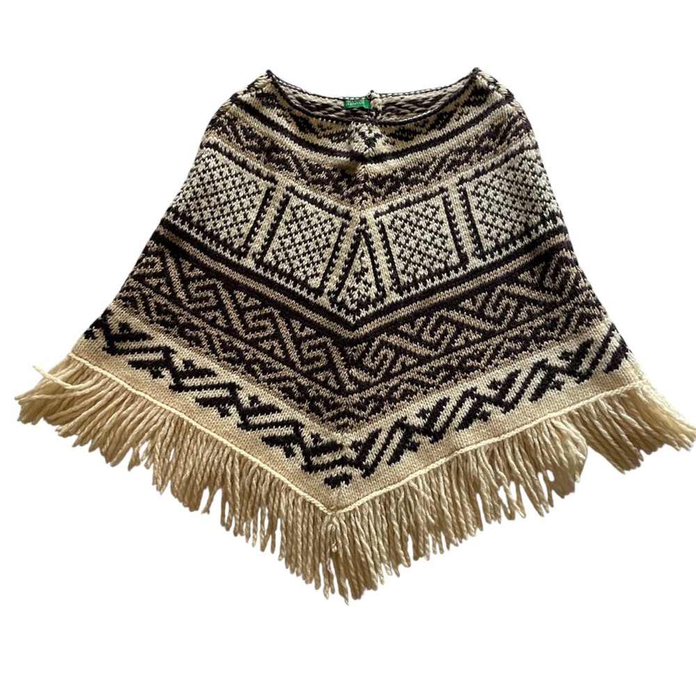 United Colors of Benetton 100% Wool Cape Poncho Brown Cream Excellent Condition